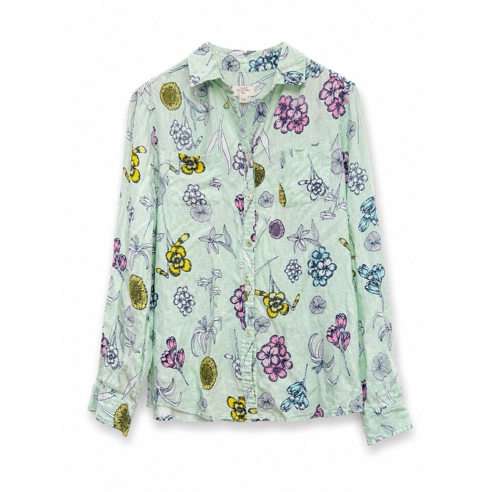 Charter Club Linen Floral Button Front Shirt Mint Green Large L